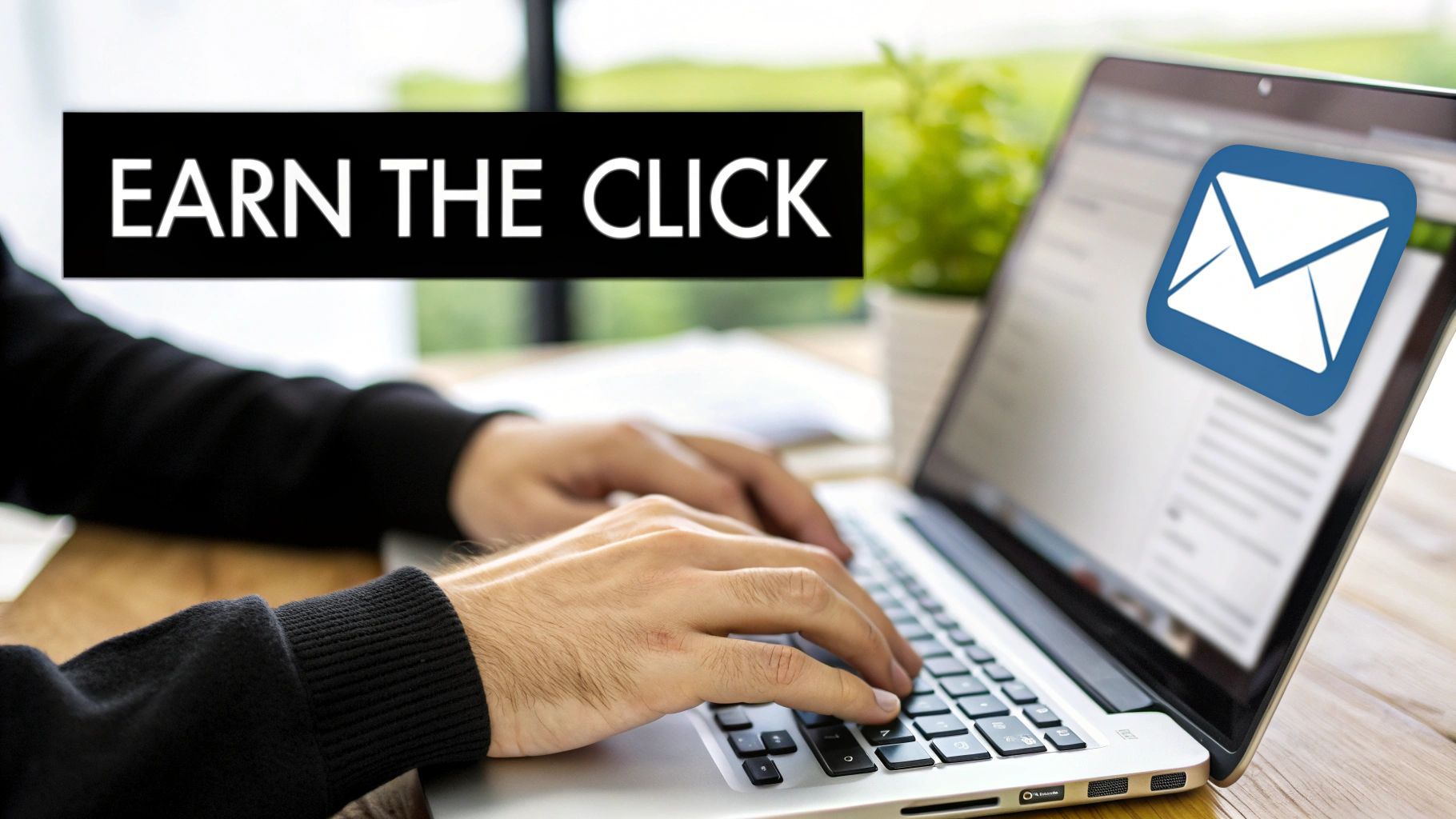 Person typing on a laptop with an email icon and 'EARN THE CLICK' text, focusing on email engagement.