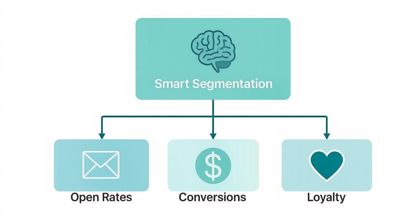 A diagram illustrating smart segmentation leading to improved open rates, conversions, and customer loyalty.