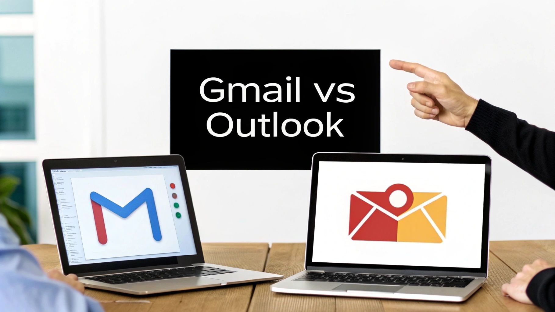 Two laptops on a desk displaying Gmail and Outlook logos, with a screen comparing them.