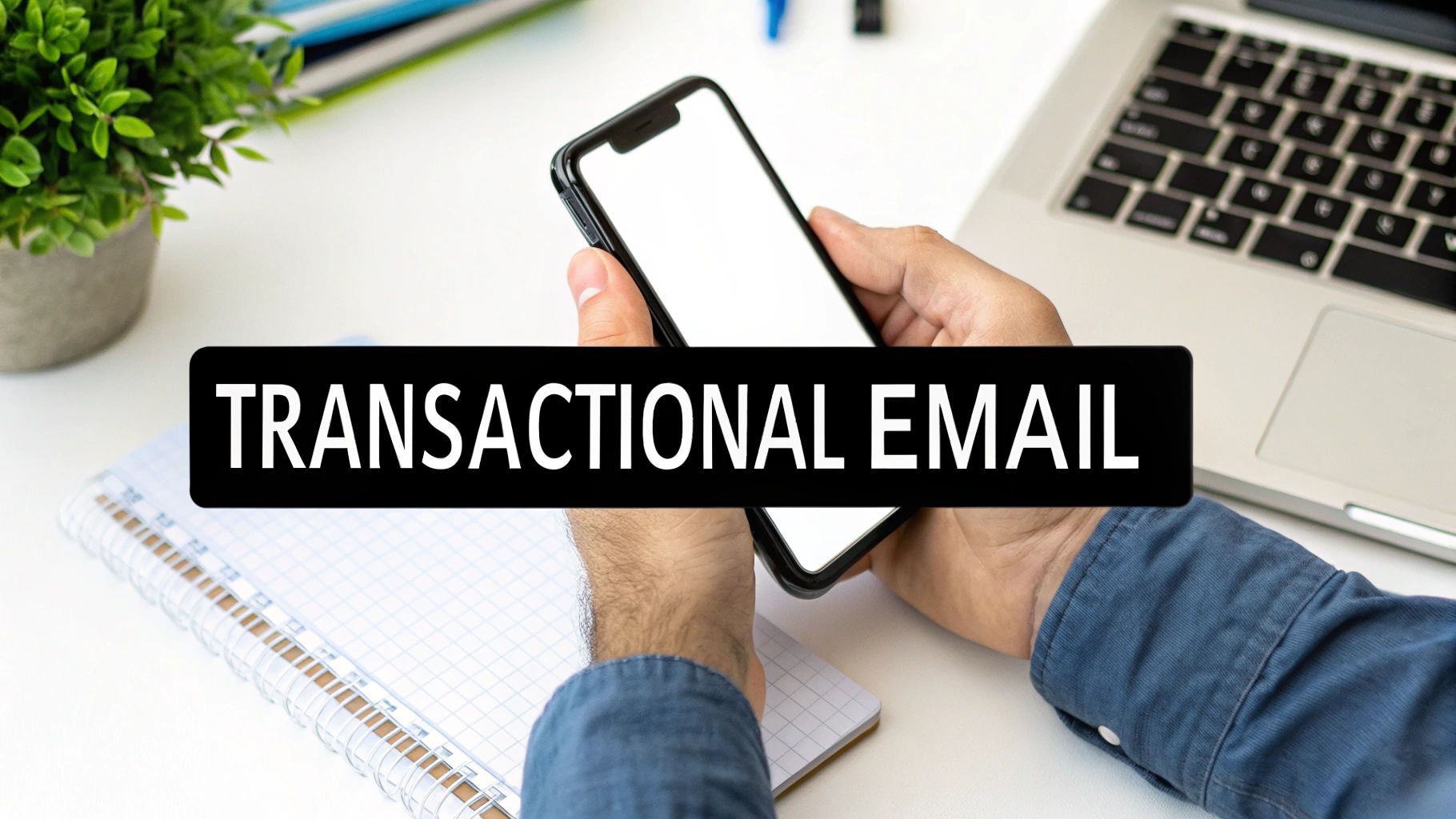 Hands hold a smartphone and a notebook on a white desk with a laptop, overlaid with 'TRANSACTIONAL EMAIL' text.