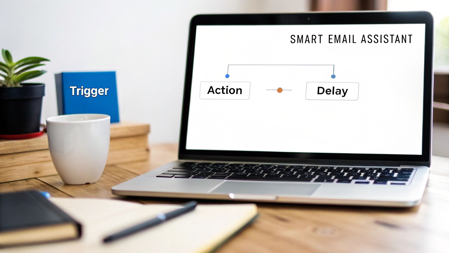 A laptop displaying an email automation workflow with 'Action' and 'Delay' nodes, and a 'Trigger' box.