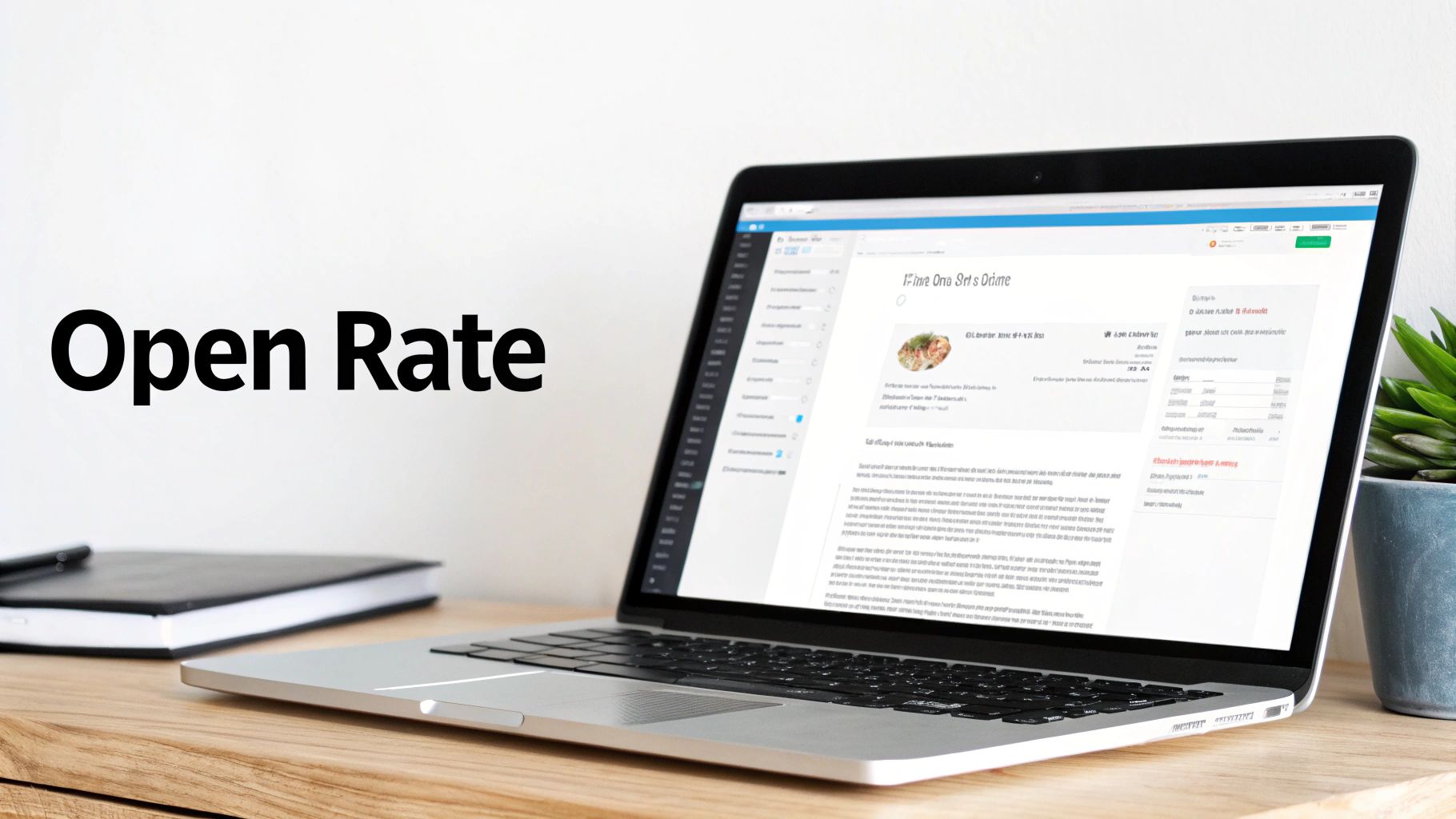 A laptop displaying a webpage with 'Open Rate' text, a notebook, and a plant on a wooden desk.