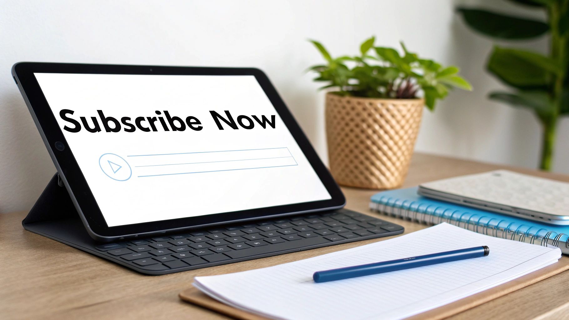 A tablet with 'Subscribe Now' on screen sits on a wooden desk with a keyboard, plant, and notebooks.