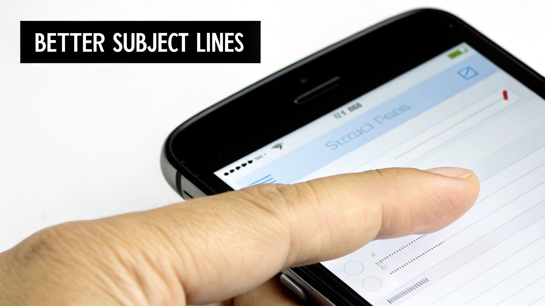 A hand holding a smartphone displaying an email app, with text "BETTER SUBJECT LINES".