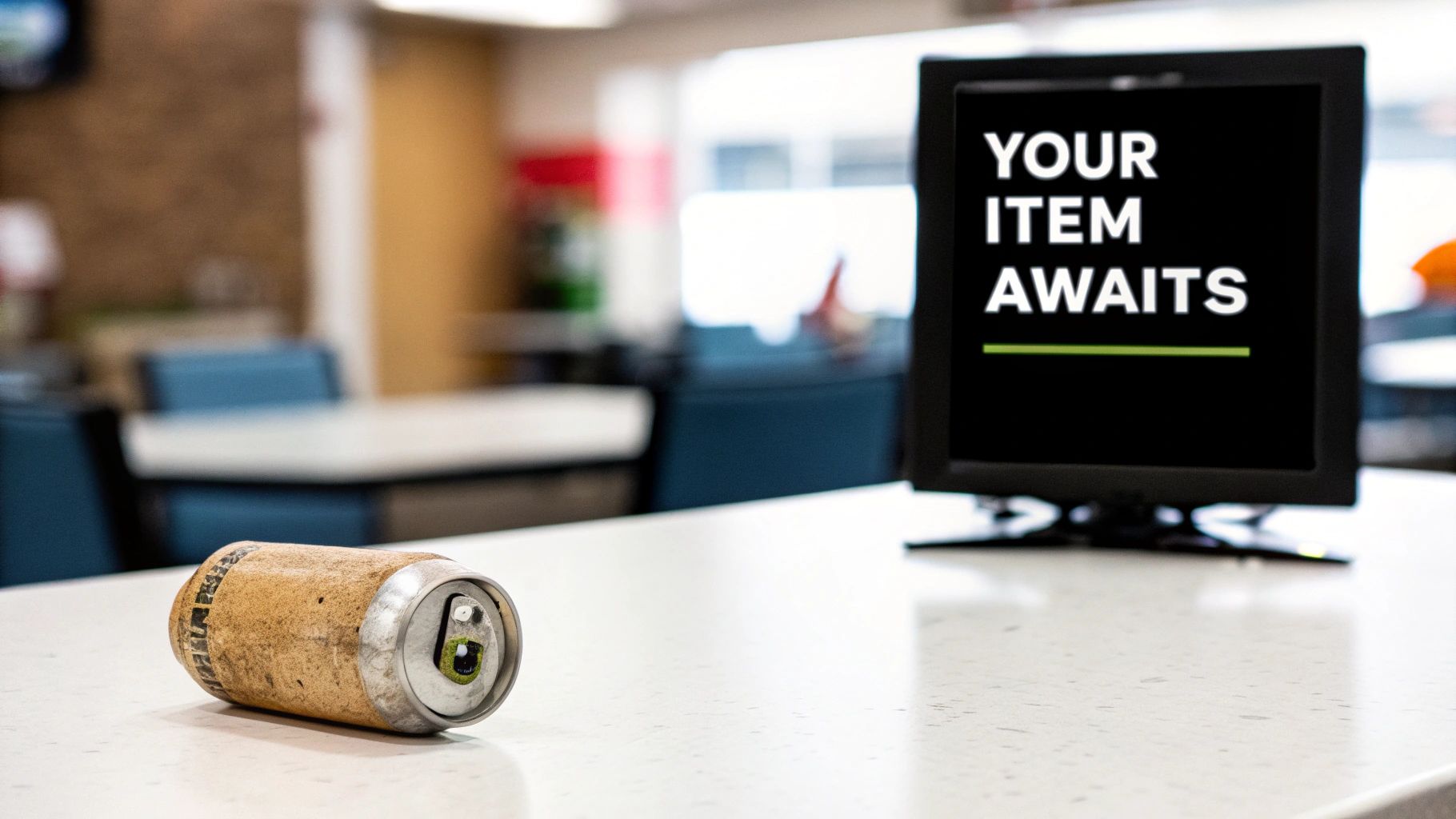 An abandoned, dirty drink can lies on a white counter next to a monitor displaying 'YOUR ITEM AWAITS'.