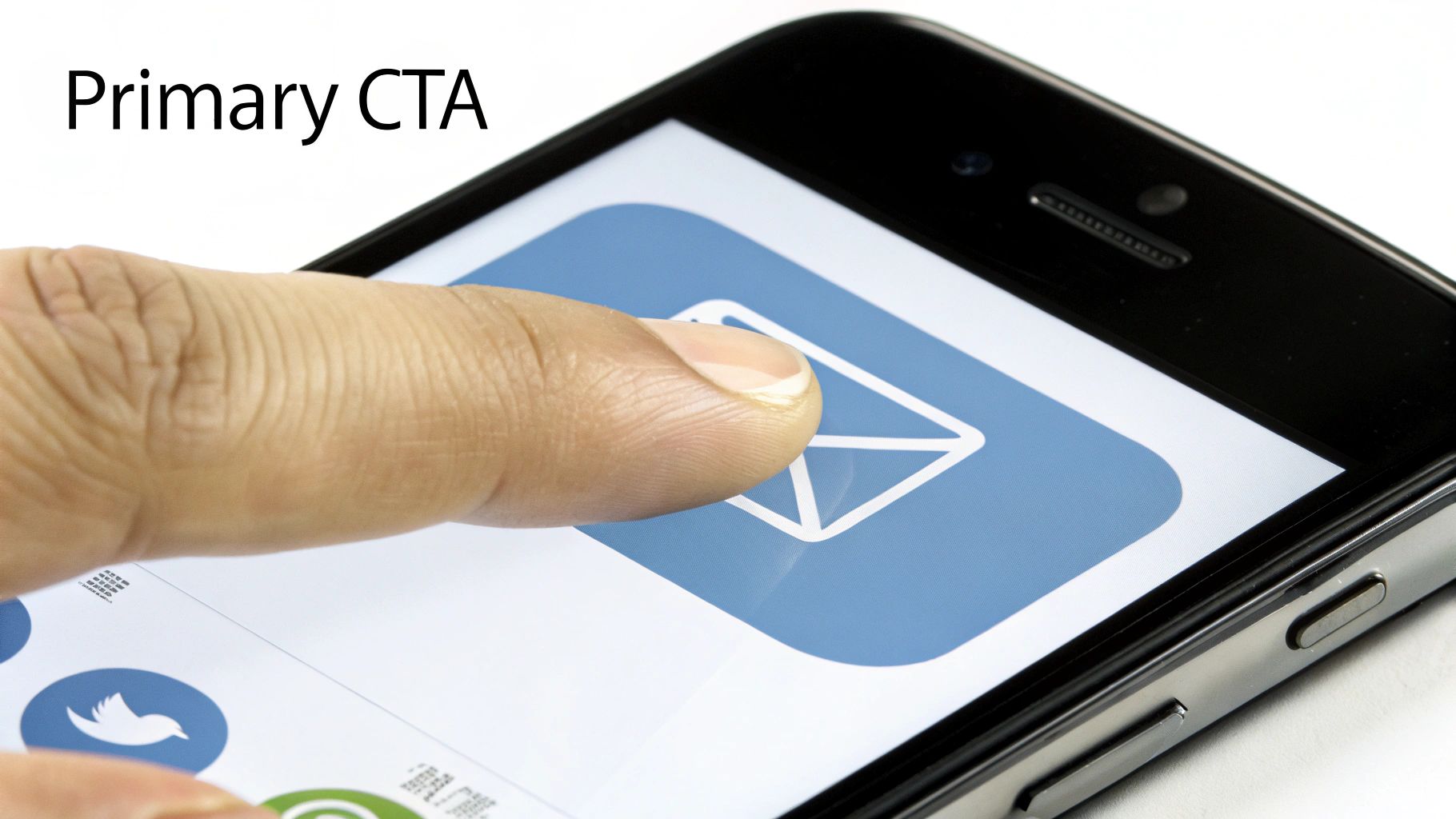 A finger taps a blue email app icon on a smartphone screen, acting as a primary call to action.