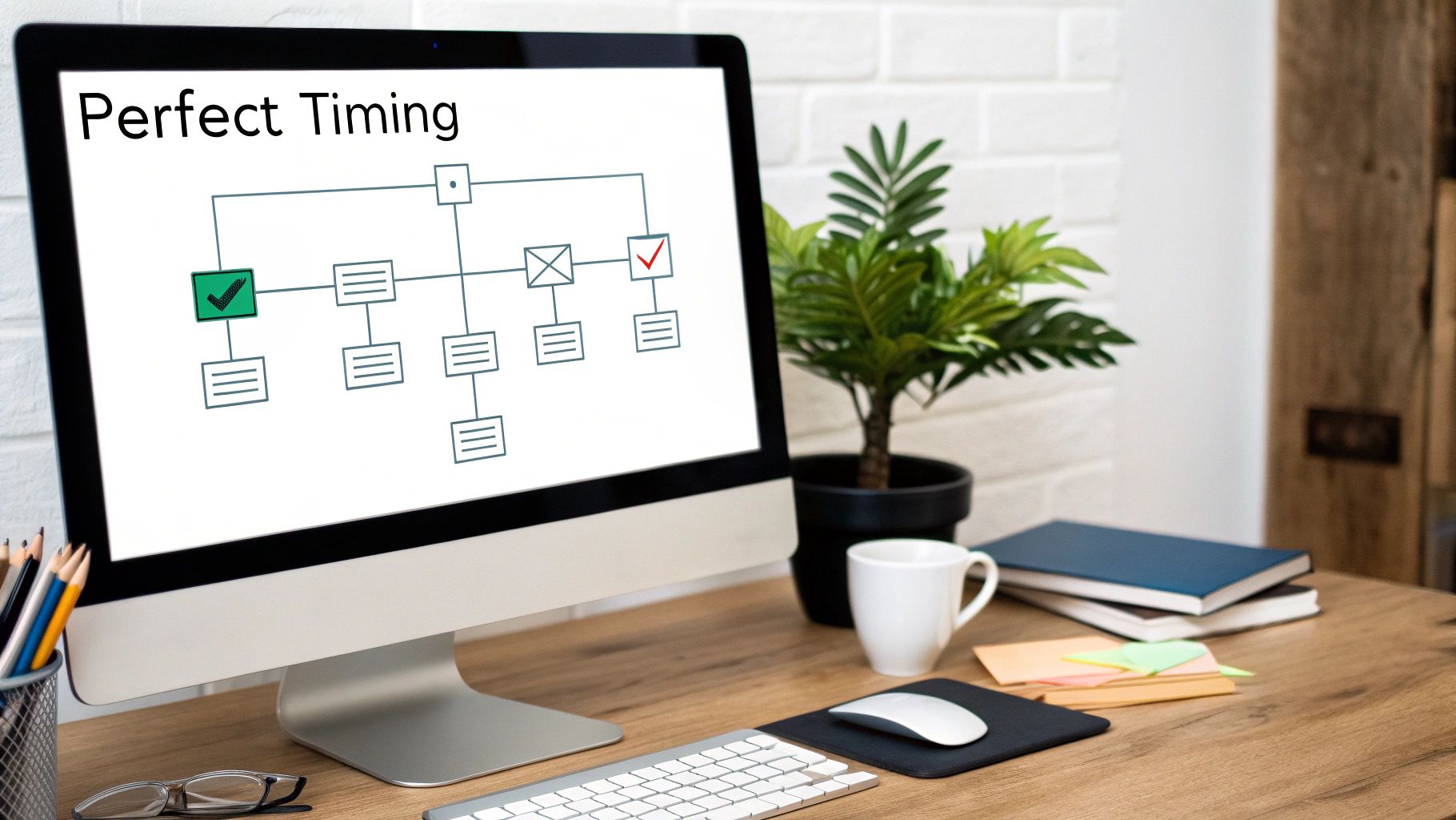A split image showing a calendar with a checkmark on one side and an automated email workflow on the other, symbolizing timely delivery.