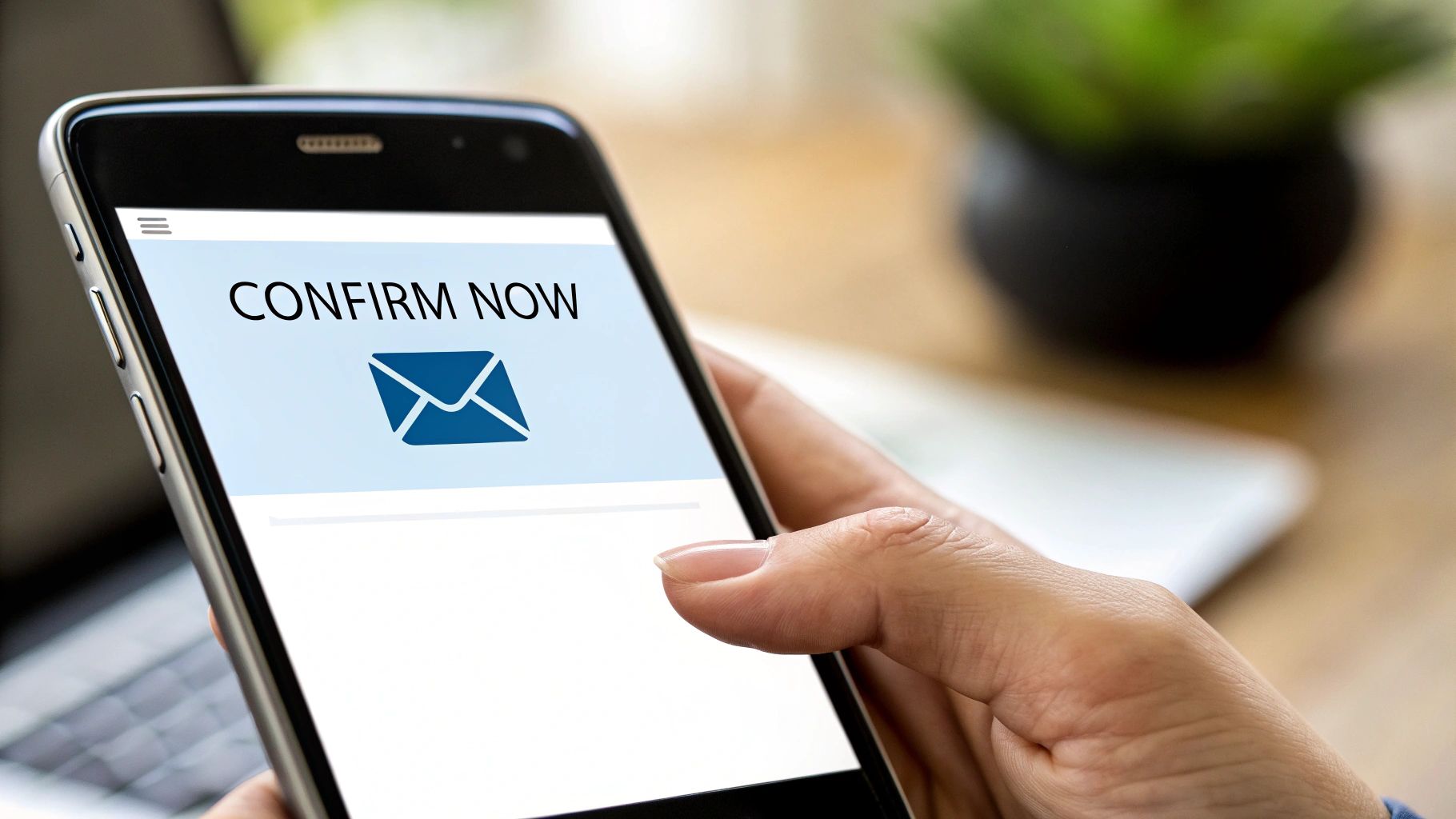 Person holding smartphone displaying email confirmation screen with confirm now button and envelope icon