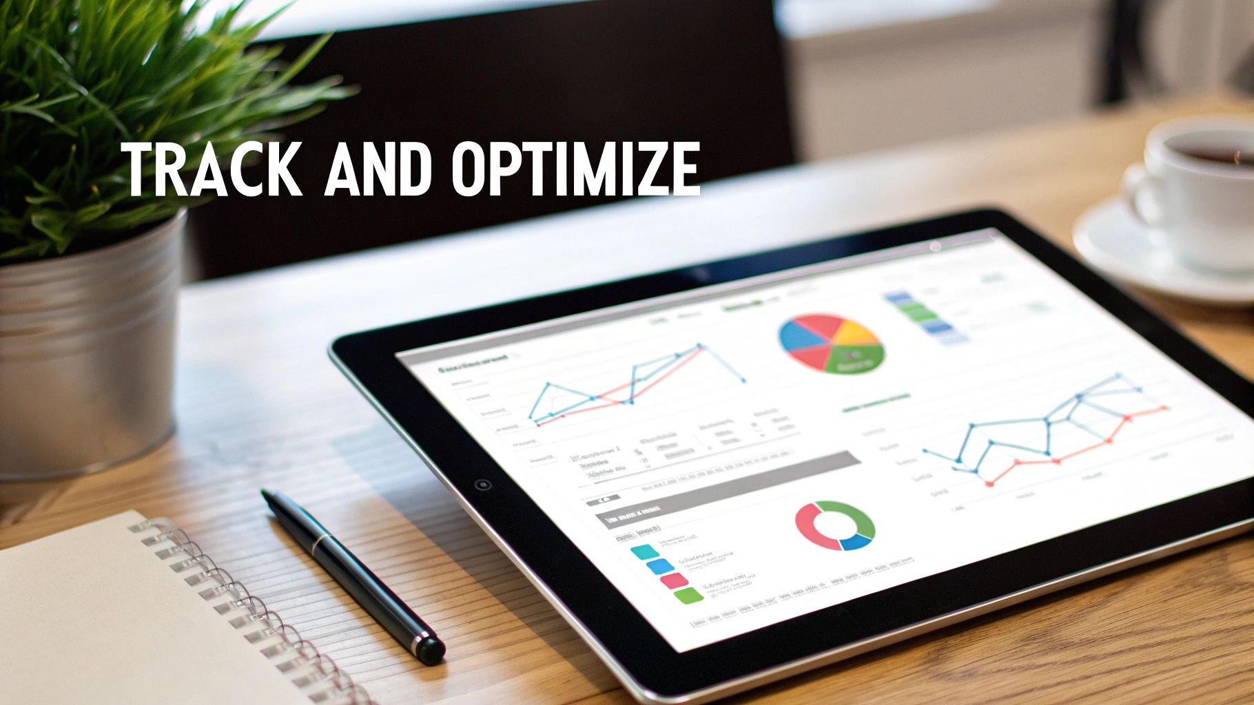 A tablet displaying business analytics, charts, and graphs on a desk, with text 'TRACK AND OPTIMIZE'.