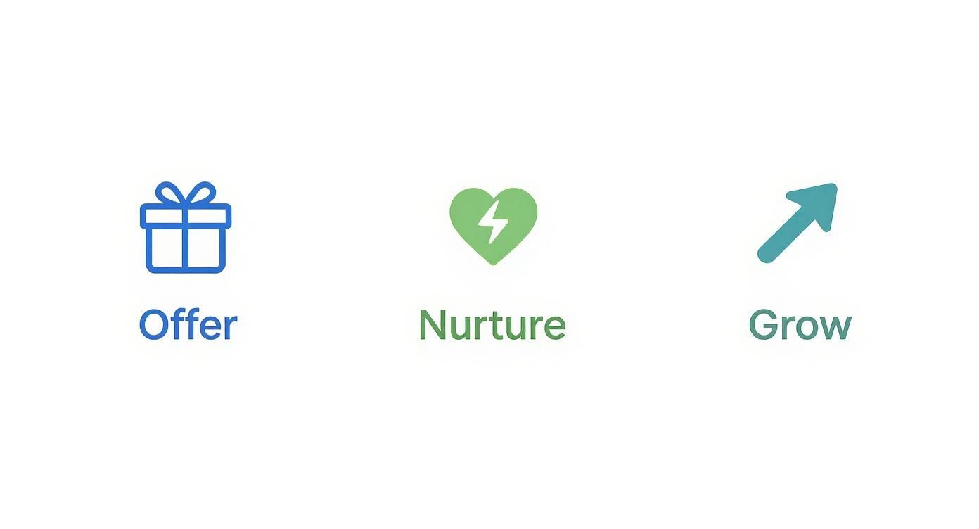 Three icons representing marketing or business strategies: Offer, Nurture, and Grow with corresponding symbols.