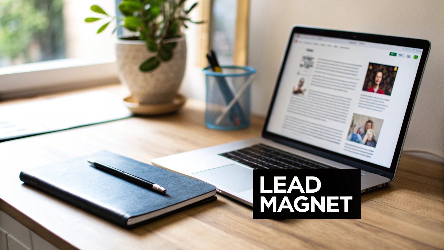 A cozy home office setup with a laptop, notebook, and plant, featuring a 'LEAD MAGNET' text overlay.