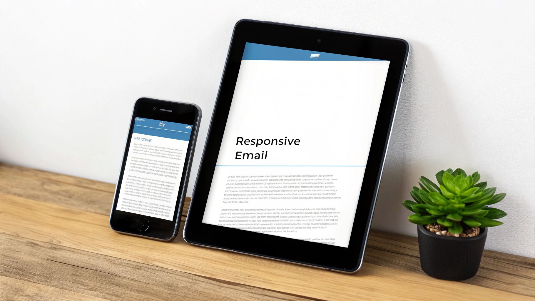 Responsive email design displayed on tablet and smartphone showing mobile-friendly newsletter layout