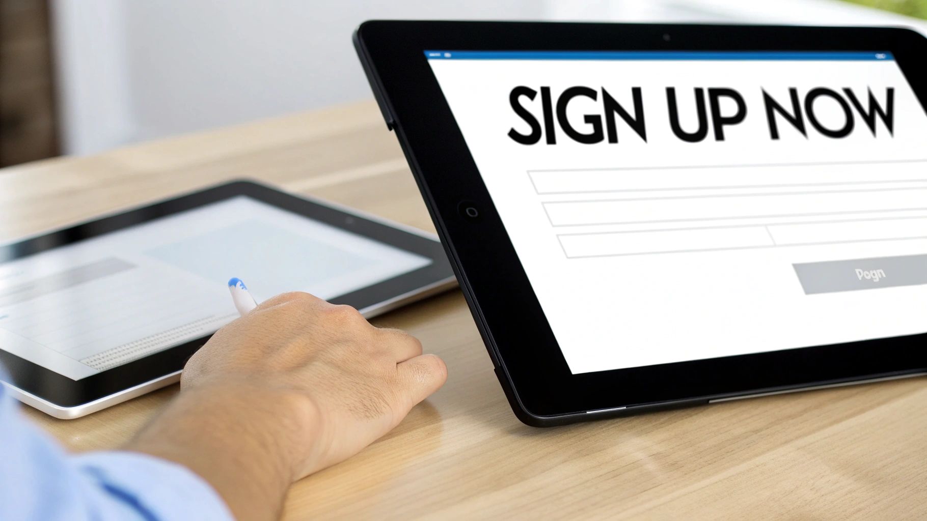 A person's hand uses a stylus to interact with a tablet showing a 'SIGN UP NOW' form.