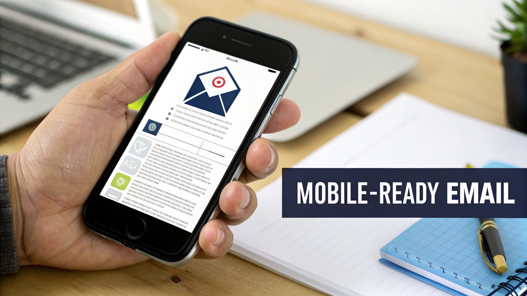 A hand holds a smartphone displaying a mobile-ready email design with an envelope icon, emphasizing responsive email marketing.
