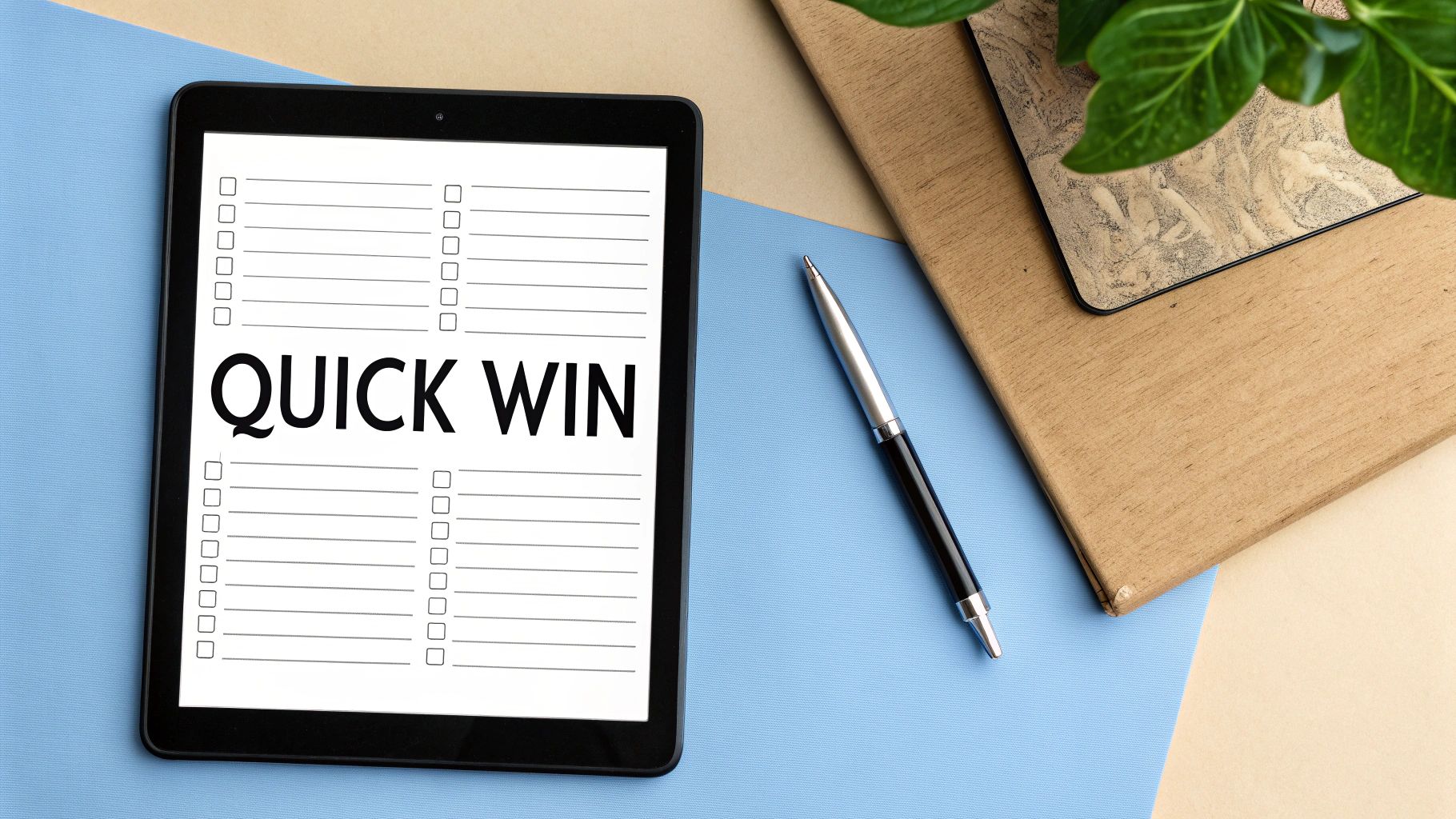 Tablet displaying a 'Quick Win' checklist with empty boxes, next to a pen and notebook.