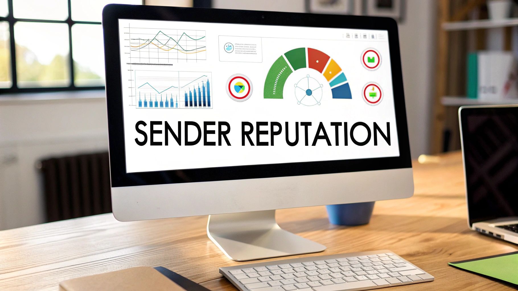 Computer monitor displaying sender reputation dashboard with analytics charts and performance metrics on desk