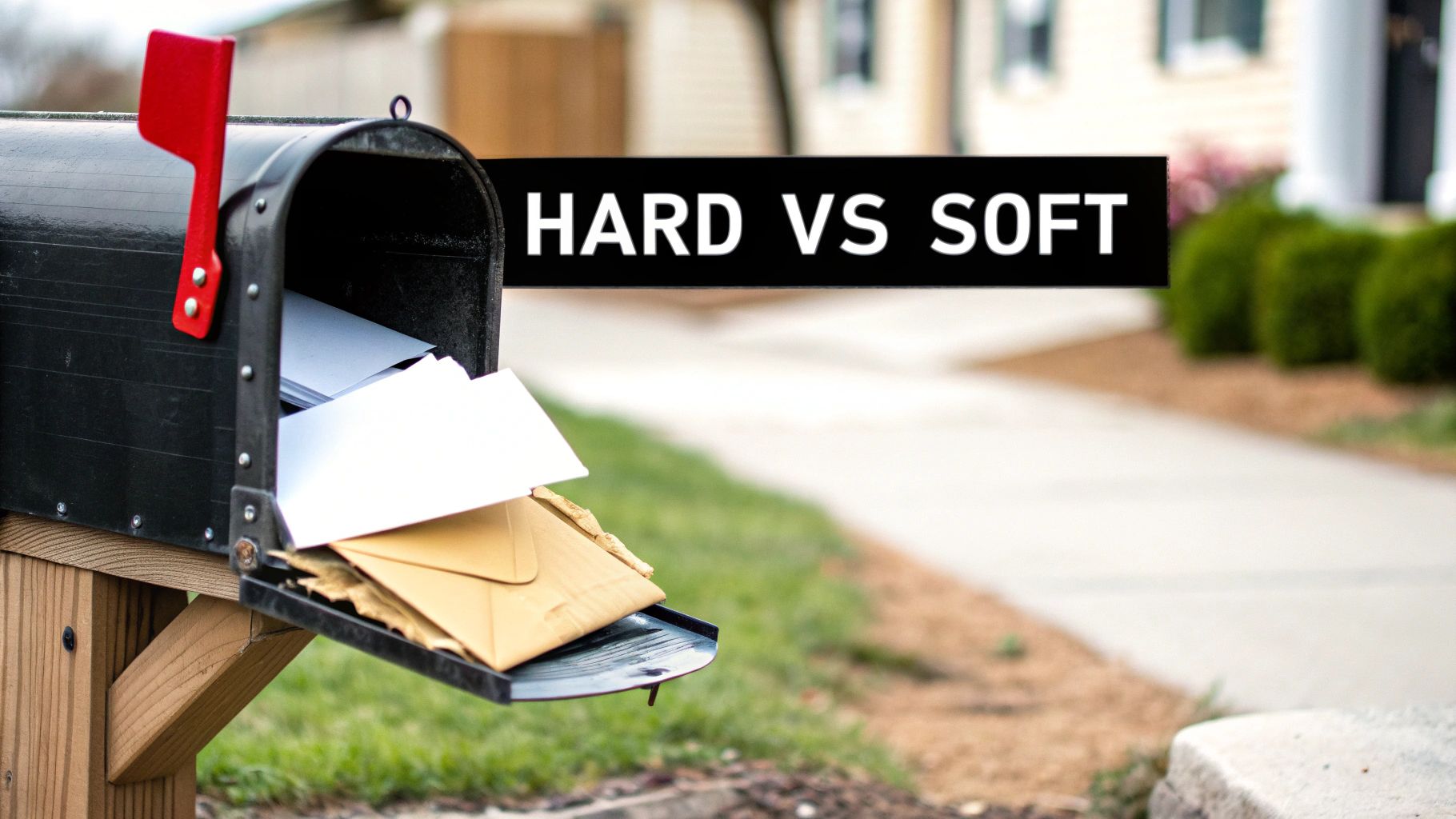 A black mailbox with a raised red flag is full of white and brown envelopes, with text 'HARD VS SOFT' in the background.