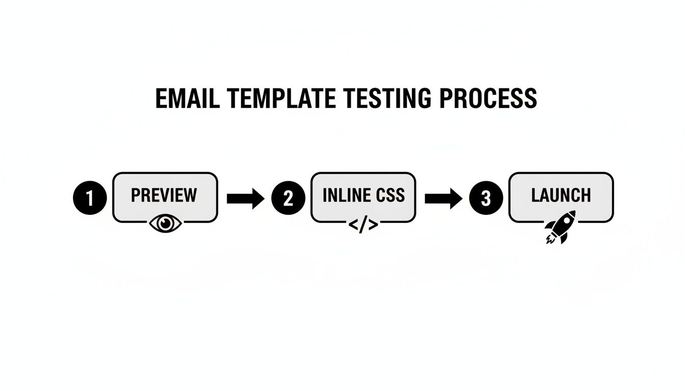 A three-step email template testing process flowchart showing Preview, Inline CSS, and Launch steps.