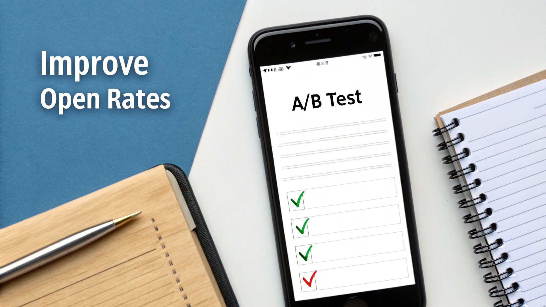 A smartphone showing an A/B test with checkmarks and an 'X', alongside notebooks and a pen, with text 'Improve Open Rates'.