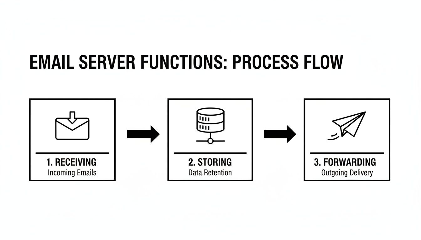 Diagram showing the email server functions: receiving incoming emails, storing data, and forwarding outgoing delivery.