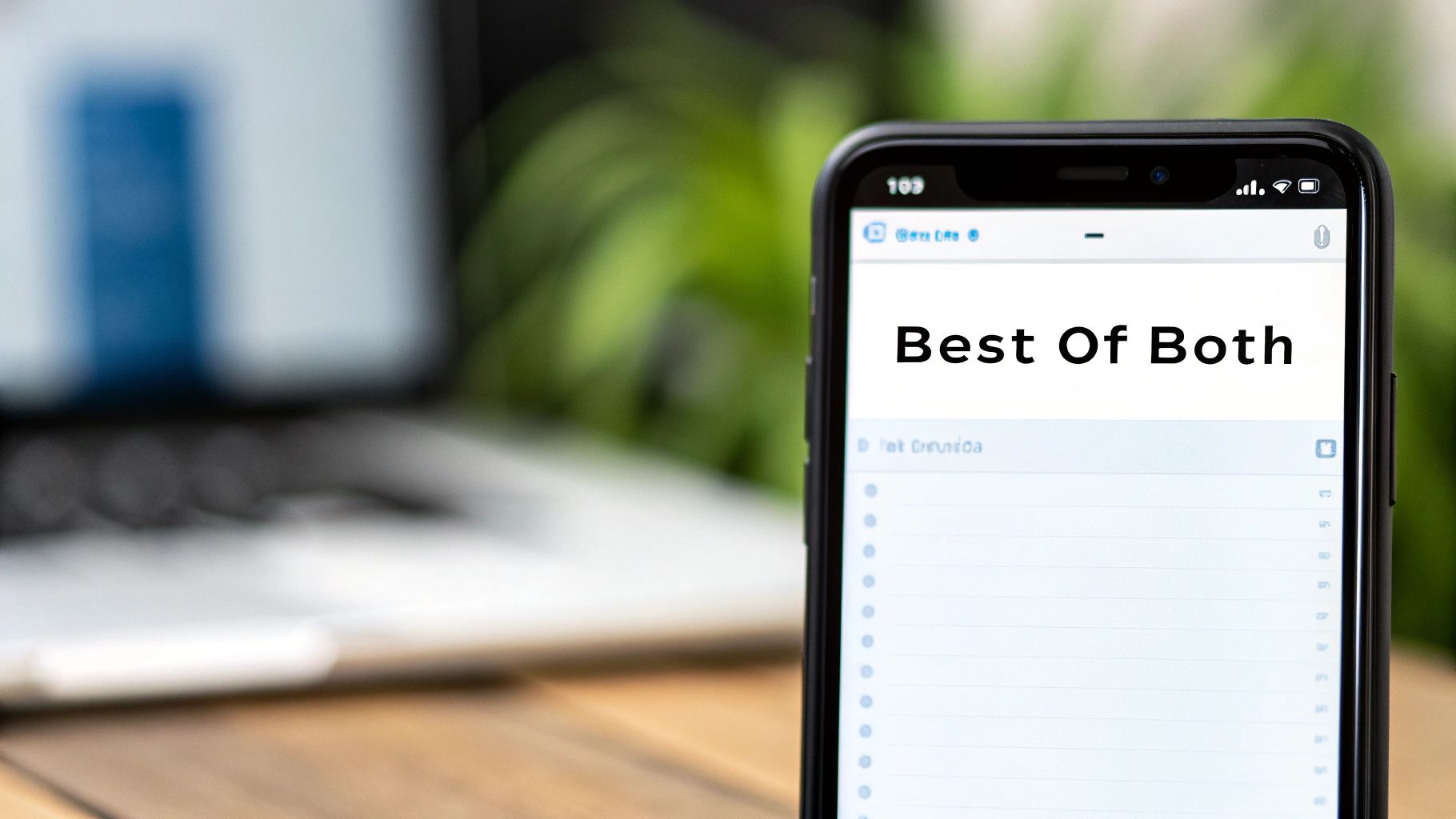 A smartphone displaying 'Best Of Both' on its screen with a blurred laptop in the background.