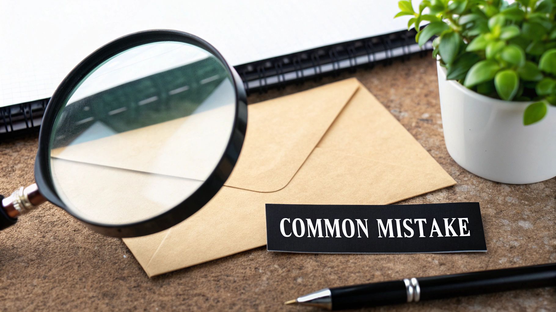 Magnifying glass examining an envelope next to a 'COMMON MISTAKE' label, pen, and plant.