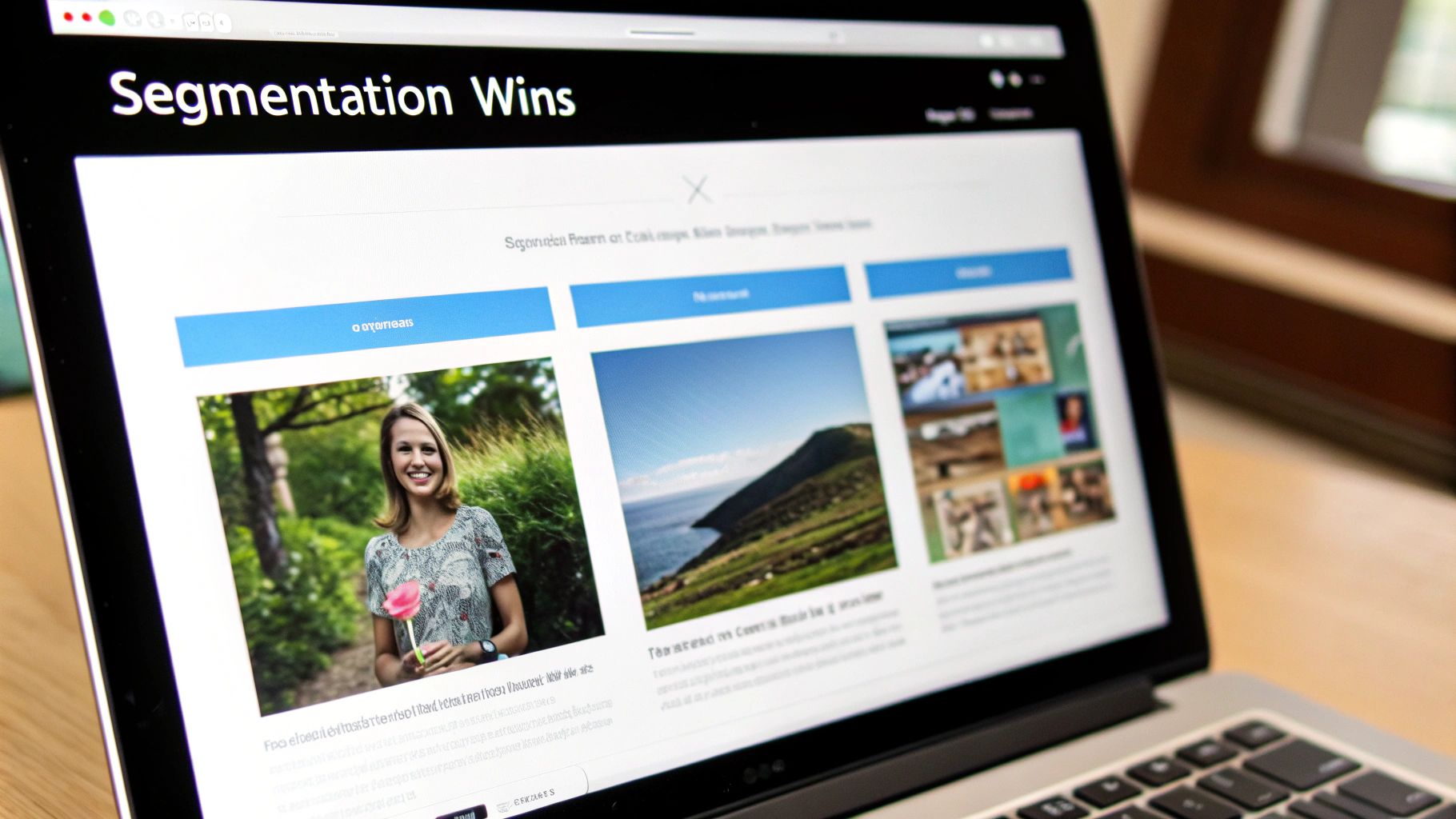 A laptop screen displays a webpage titled 'Segmentation Wins', featuring images of a smiling woman, coastal scenery, and a photo collage.
