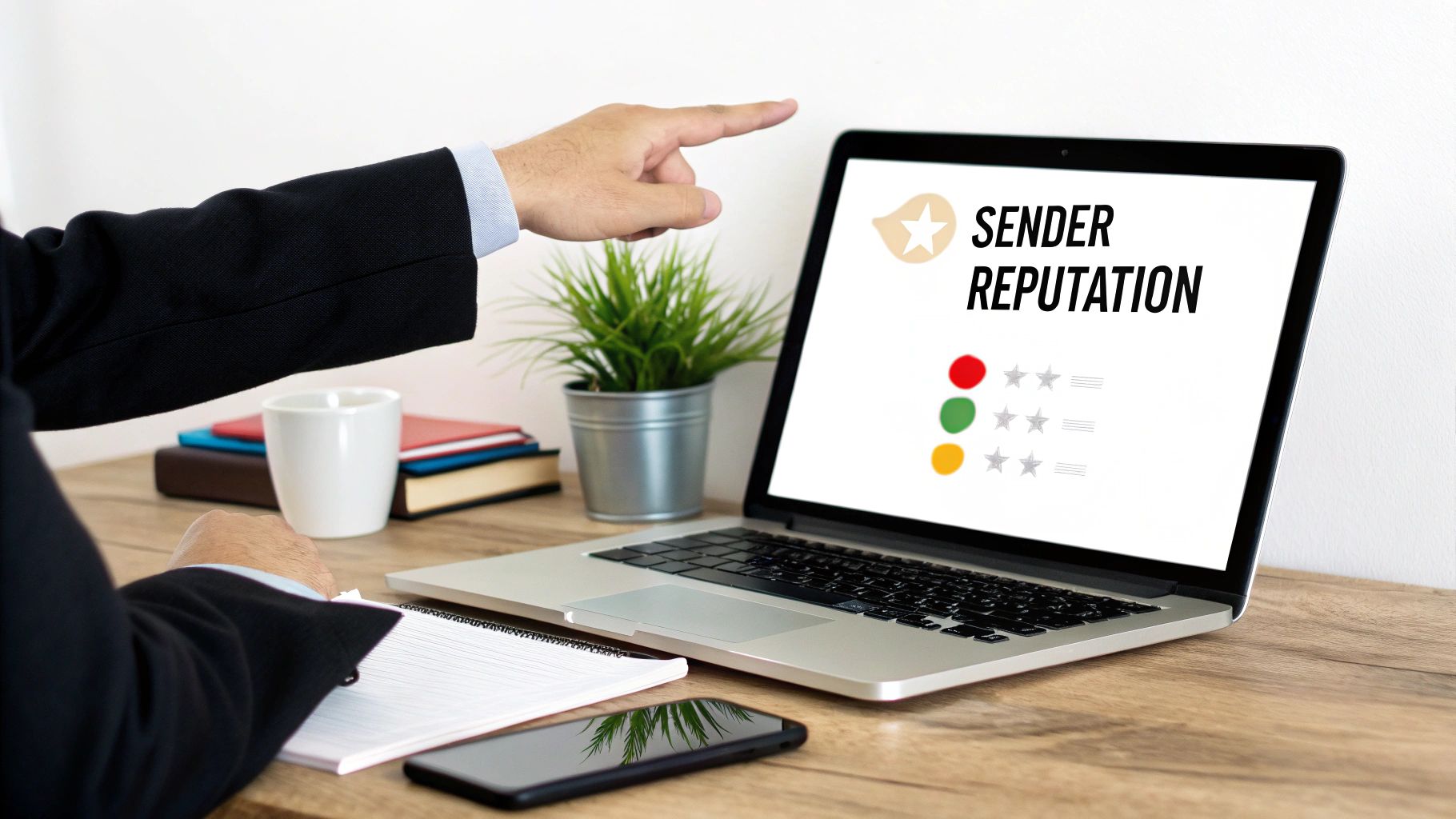 Business professional pointing at laptop screen displaying sender reputation metrics with colored rating indicators