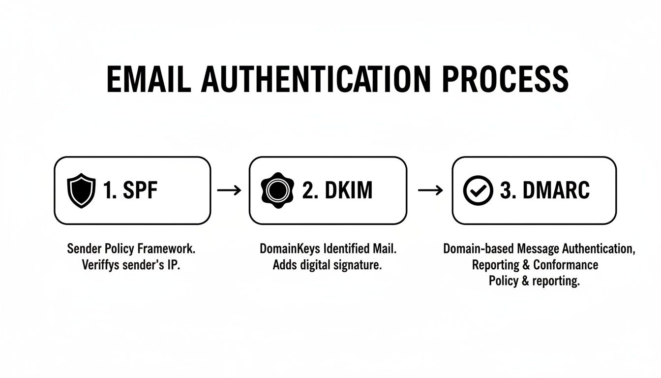 Diagram illustrating the three-step email authentication process involving SPF, DKIM, and DMARC.