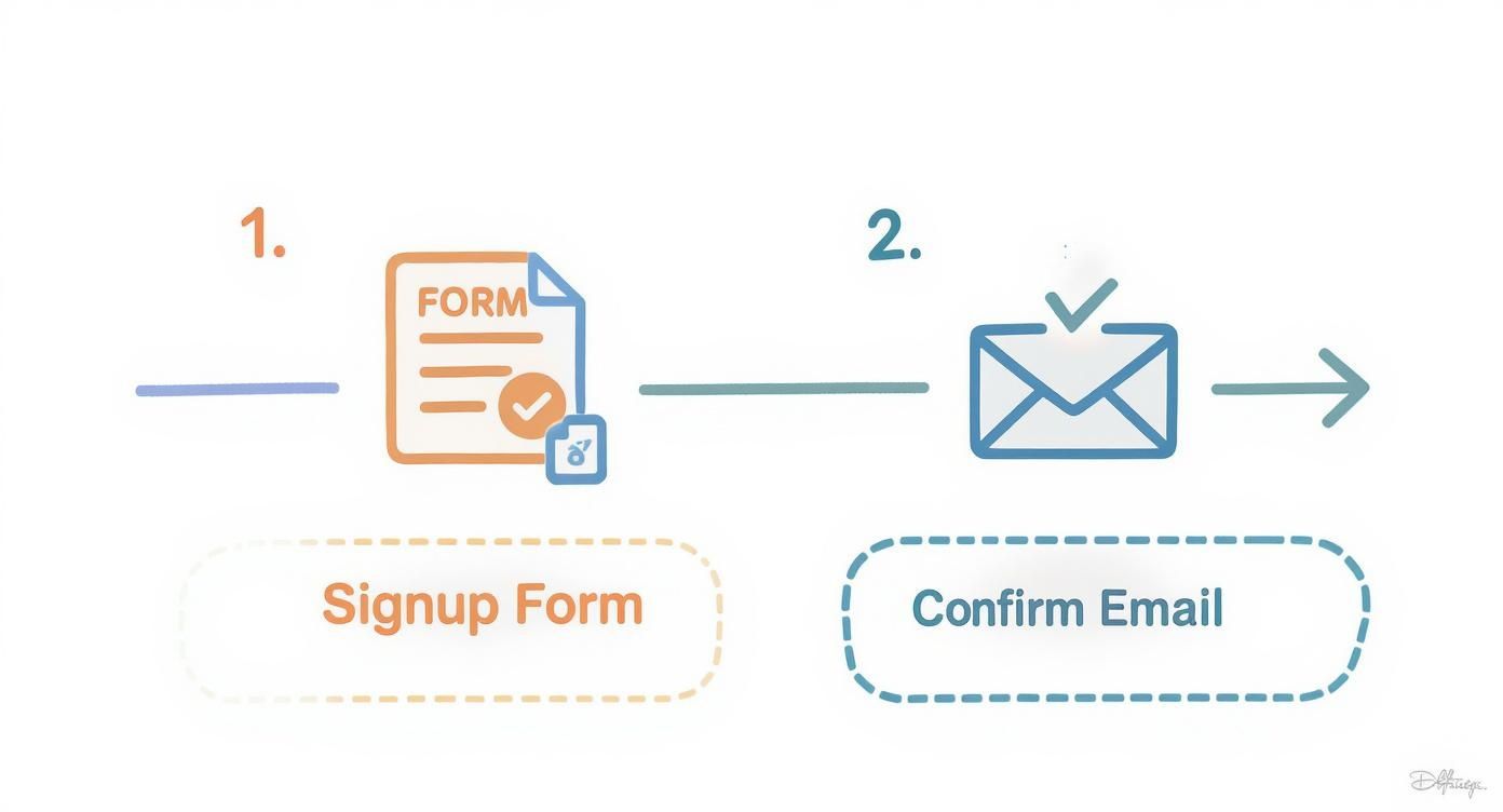 Two-step double opt-in process diagram showing signup form leading to email confirmation