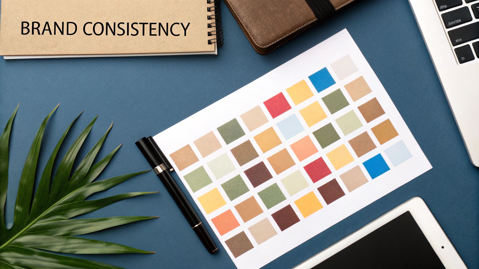 A desk flat lay showing a 'BRAND CONSISTENCY' notebook, a color palette chart, and a laptop.