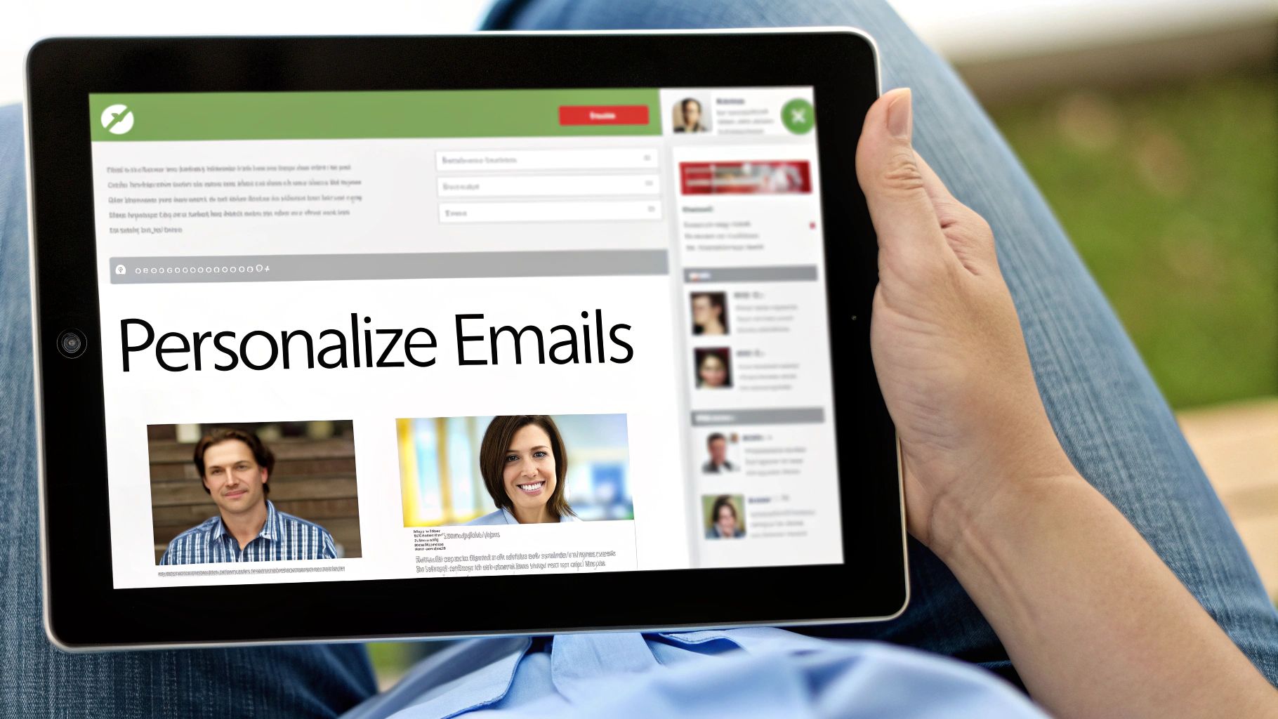 A person holds a tablet displaying a webpage about personalizing emails with images of people.
