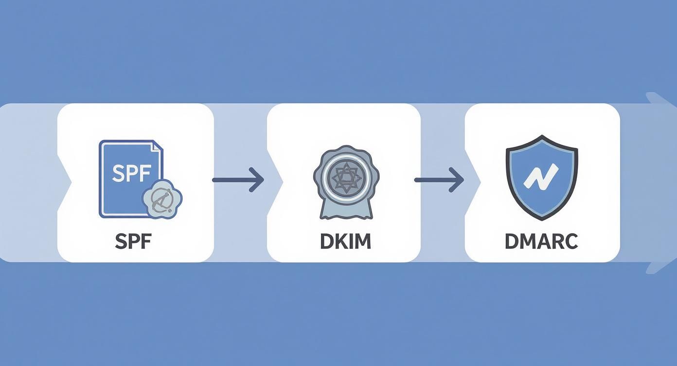 Visual representation of the email authentication process, illustrating SPF, DKIM, and DMARC protocols.