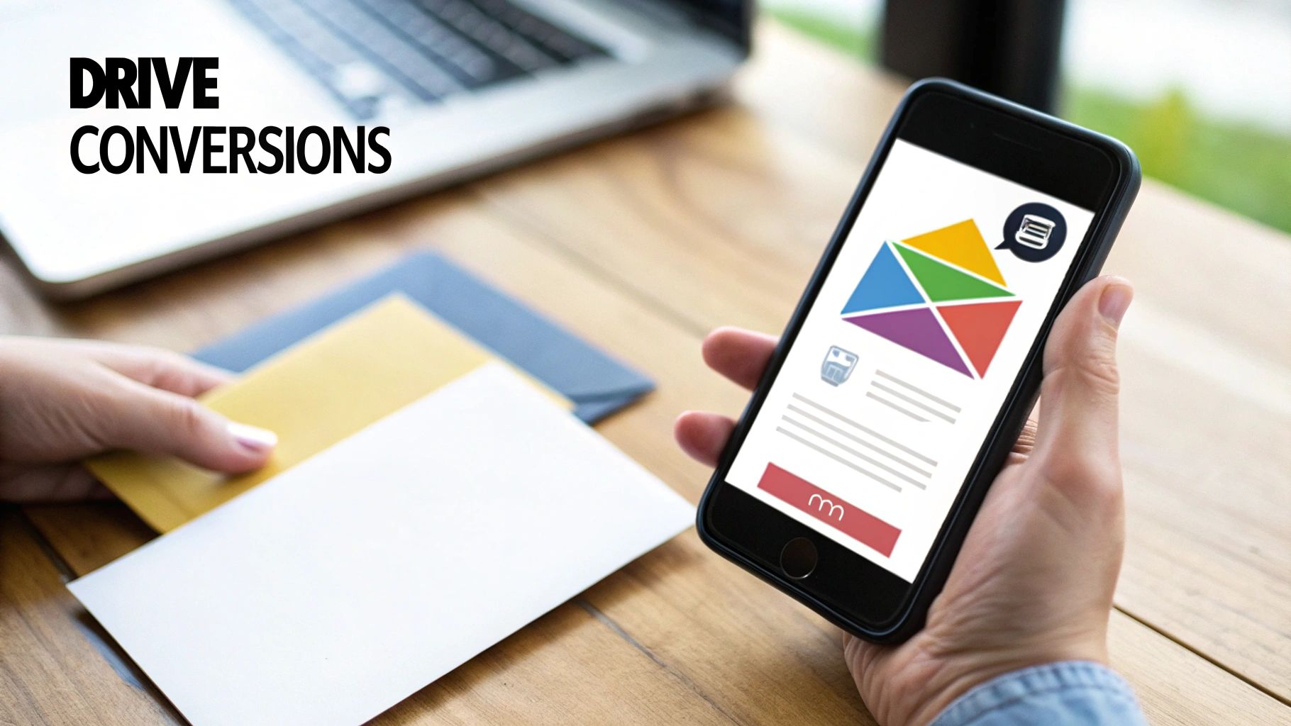 Person holding a smartphone showing a vibrant email design, with "DRIVE CONVERSIONS" text and papers nearby.