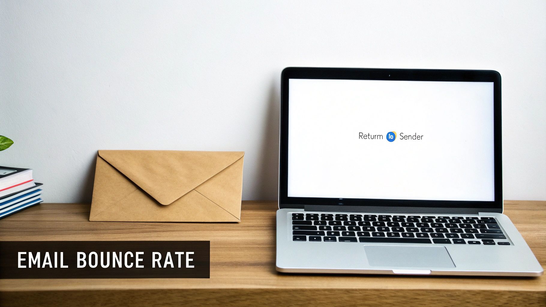A wooden desk with a brown envelope and a laptop displaying 'Return To Sender' for email bounce rate.