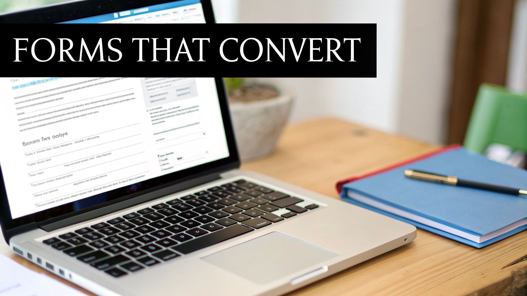 A laptop displaying an online form with the text 'FORMS THAT CONVERT' on a wooden desk with a notebook and pen.