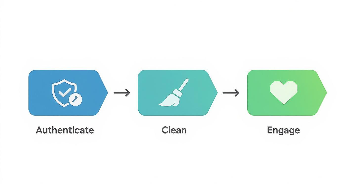 A three-step workflow showing Authenticate, Clean, and Engage stages with corresponding icons.