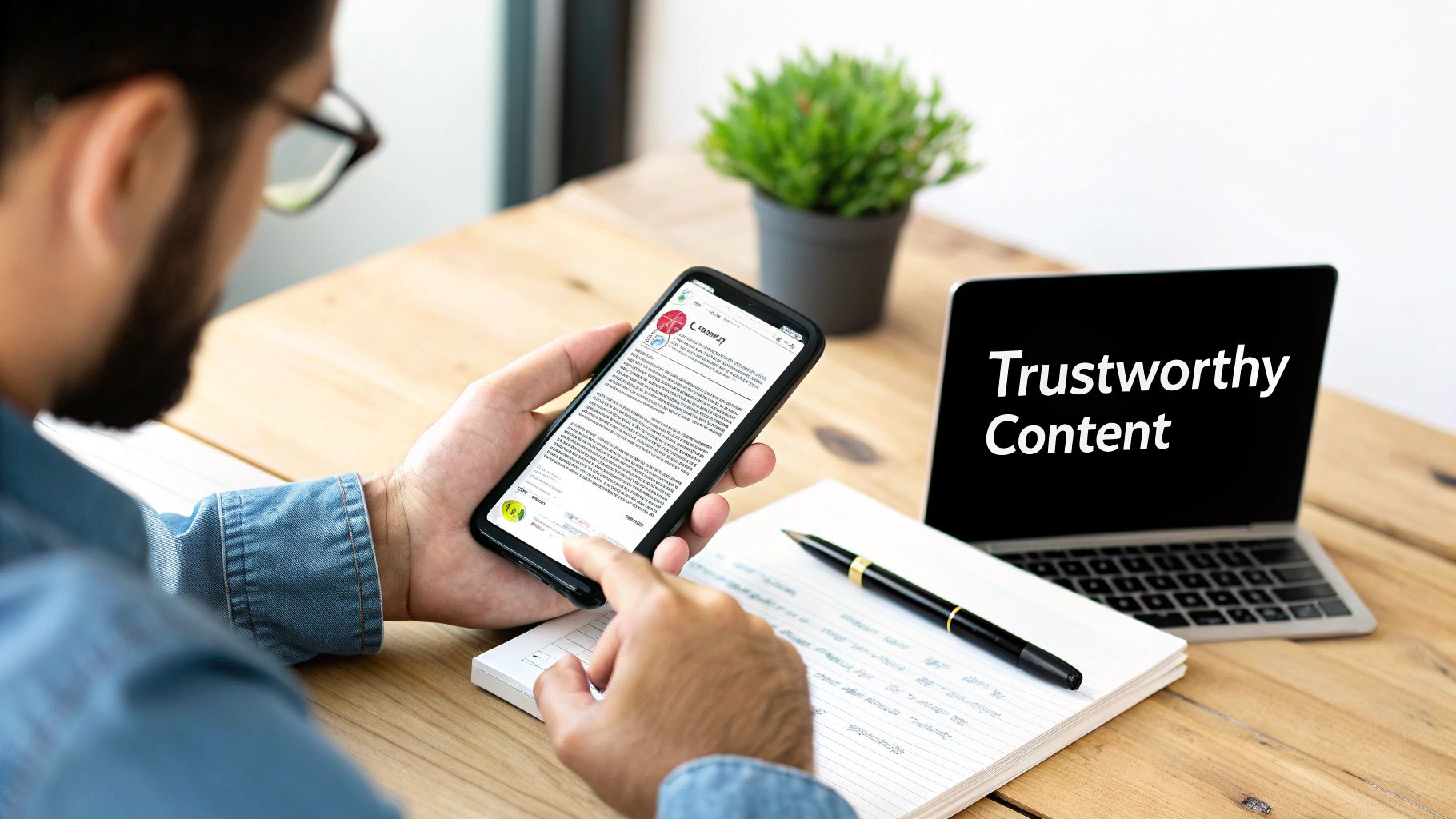 Man views content on a smartphone, with a laptop displaying 'Trustworthy Content' on a wooden desk.