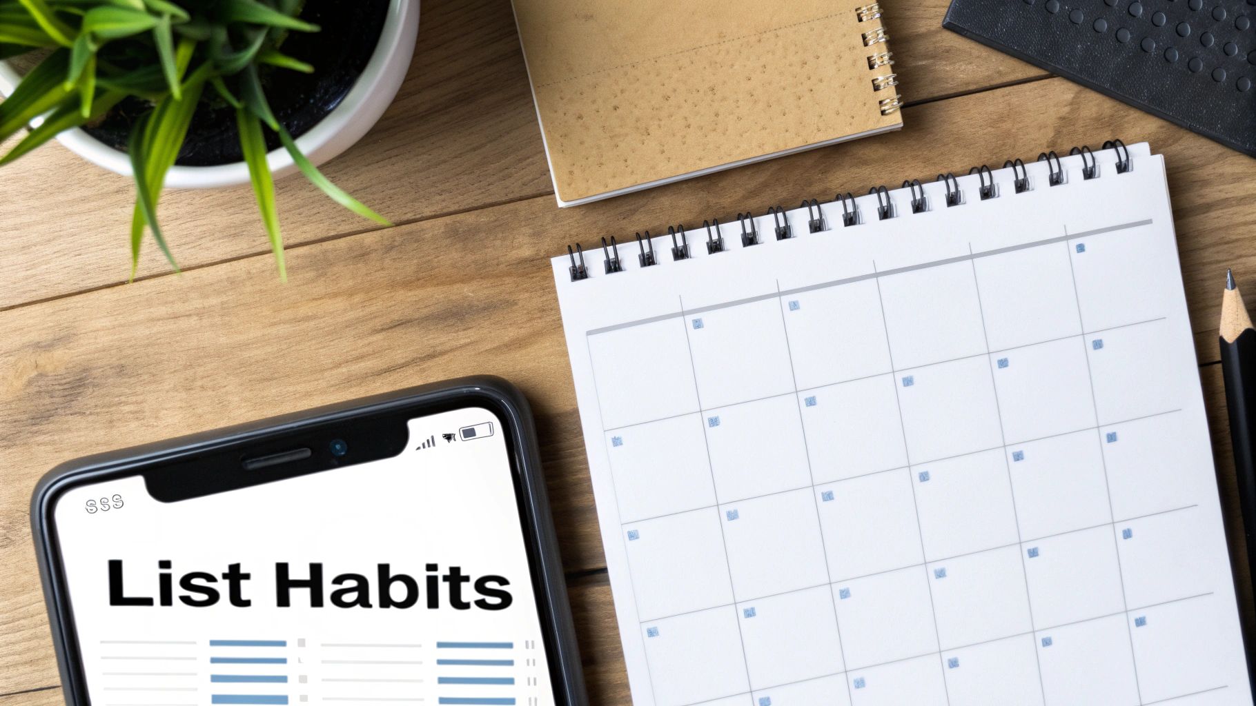 A desk setup from above with a smartphone displaying 'List Habits' next to a calendar and plant.