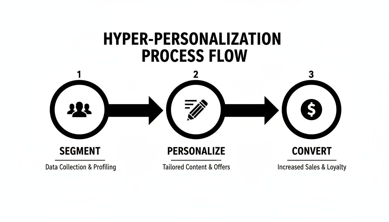 Flowchart illustrating the hyper-personalization process: Segment, Personalize, and Convert for business growth.