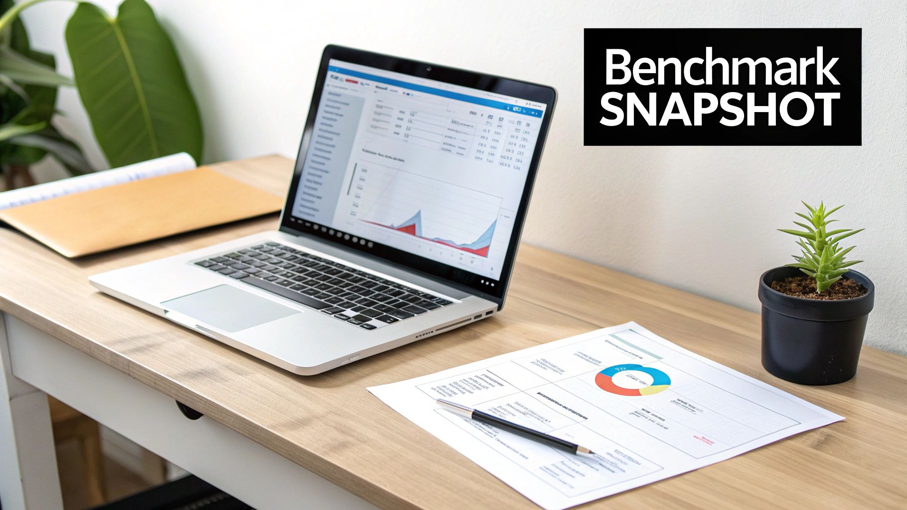 A laptop displays data and charts on a wooden desk next to a printed report and pen.