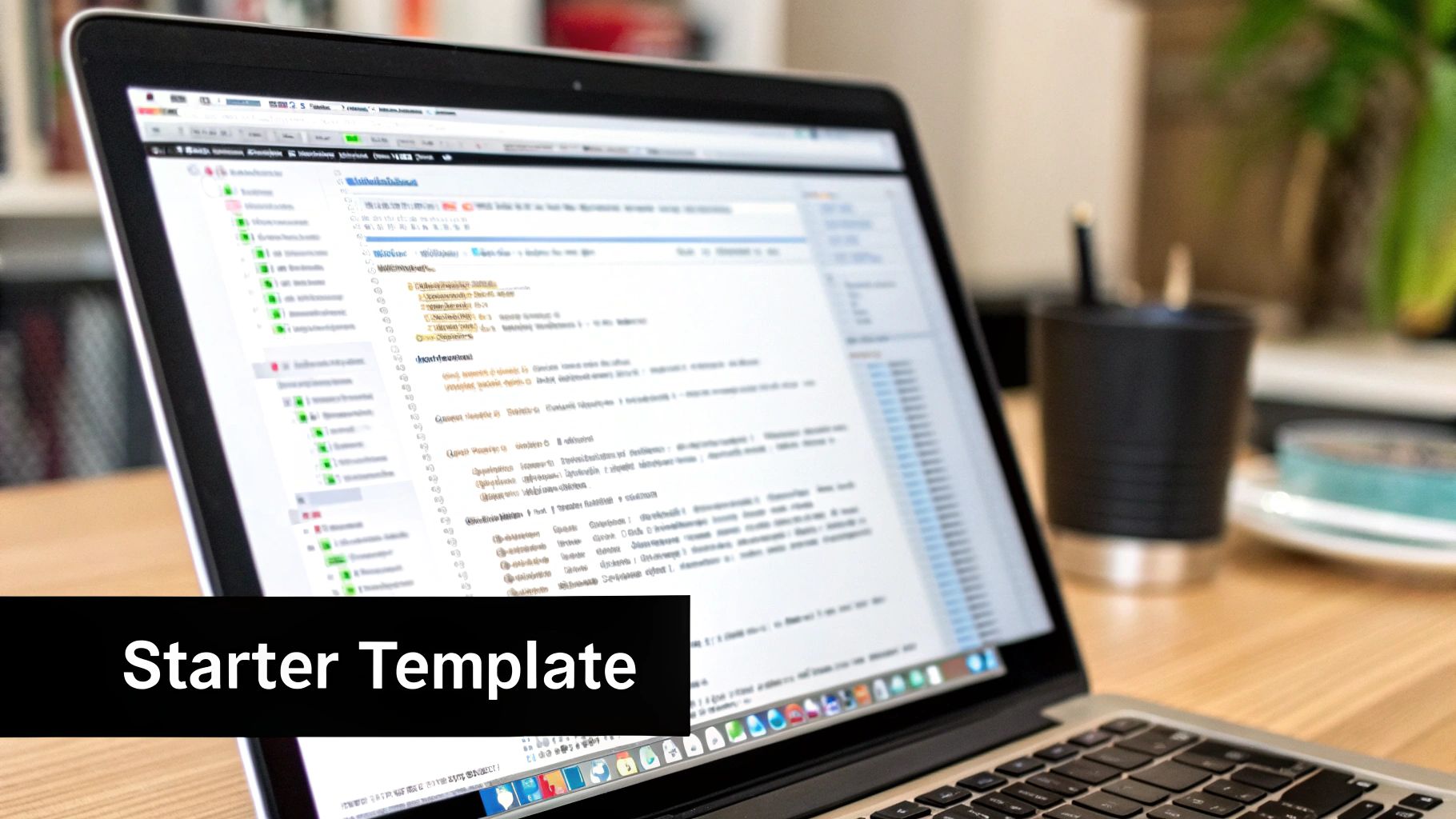 A laptop screen displaying a 'Starter Template' for an HTML email, on a wooden desk.