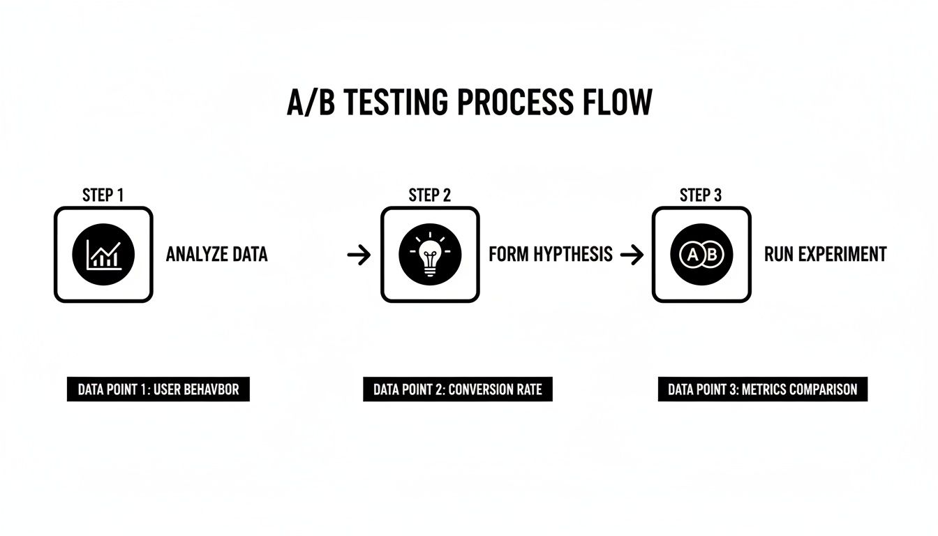 A/B testing process flow diagram illustrating three steps: analyze data, form hypothesis, and run experiment.