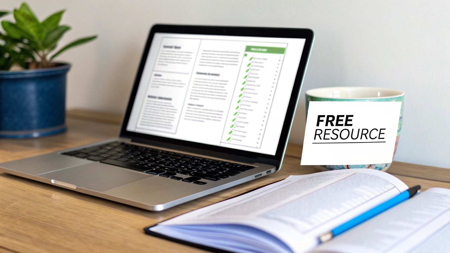 A workspace with a laptop displaying a document, a mug with a 'FREE RESOURCE' note, and an open notebook.