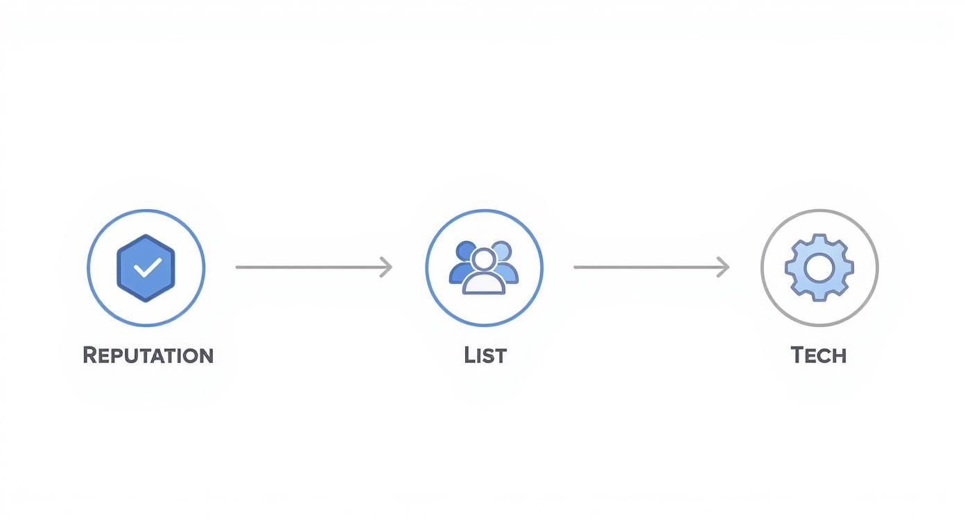 A flowchart illustrating three steps: Reputation (verified icon), List (people icon), and Tech (gear icon).