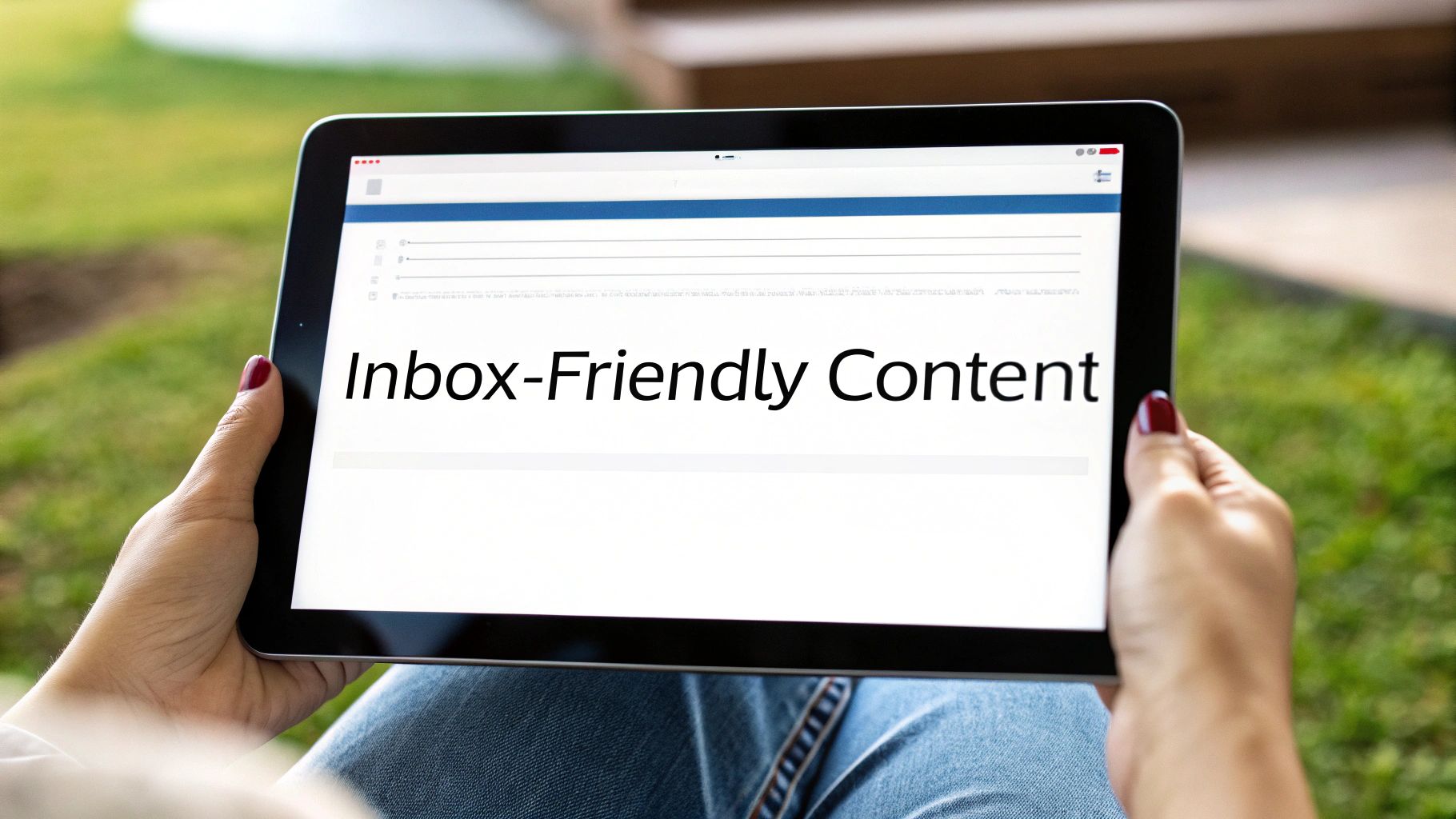 A person holds a black tablet displaying 'Inbox-Friendly Content' on its screen, sitting outdoors.