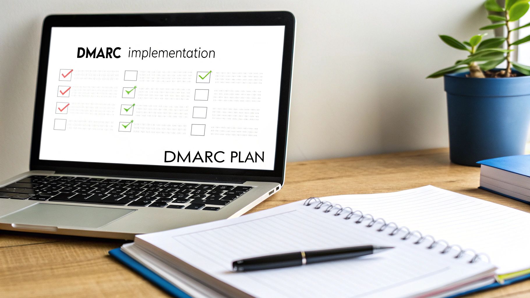 A laptop screen displays a DMARC implementation checklist with some items checked, next to a notebook.
