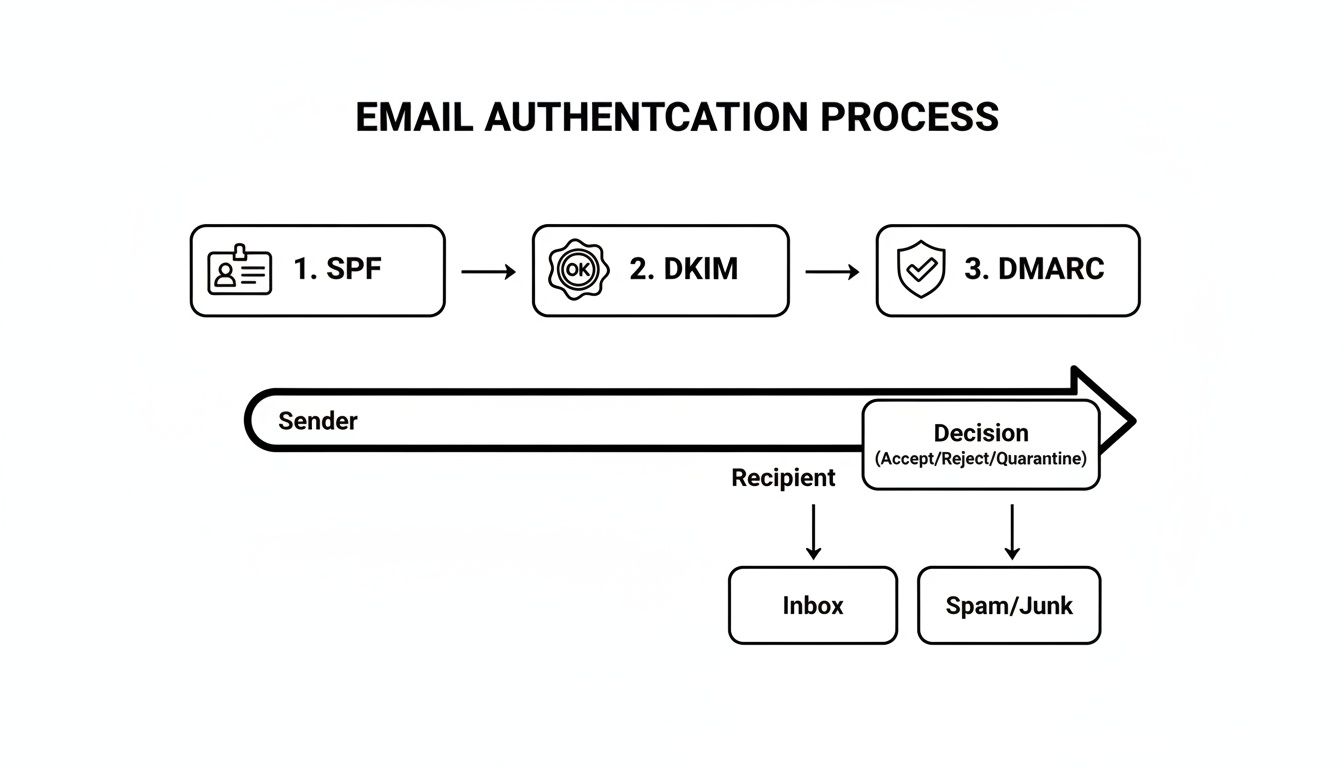 Flowchart illustrating the email authentication process, including SPF, DKIM, DMARC, and final delivery decision.
