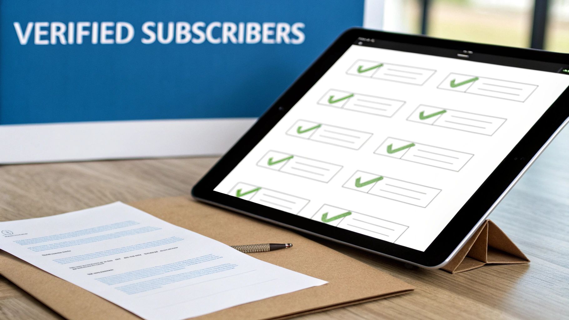 A tablet displaying green checkmarks for verified subscribers, alongside a paper and pen on a desk.
