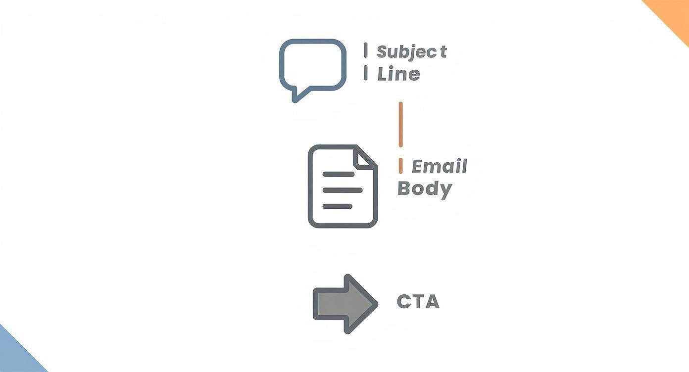 A visual guide illustrating the key components of an email: subject line, email body, and call to action.